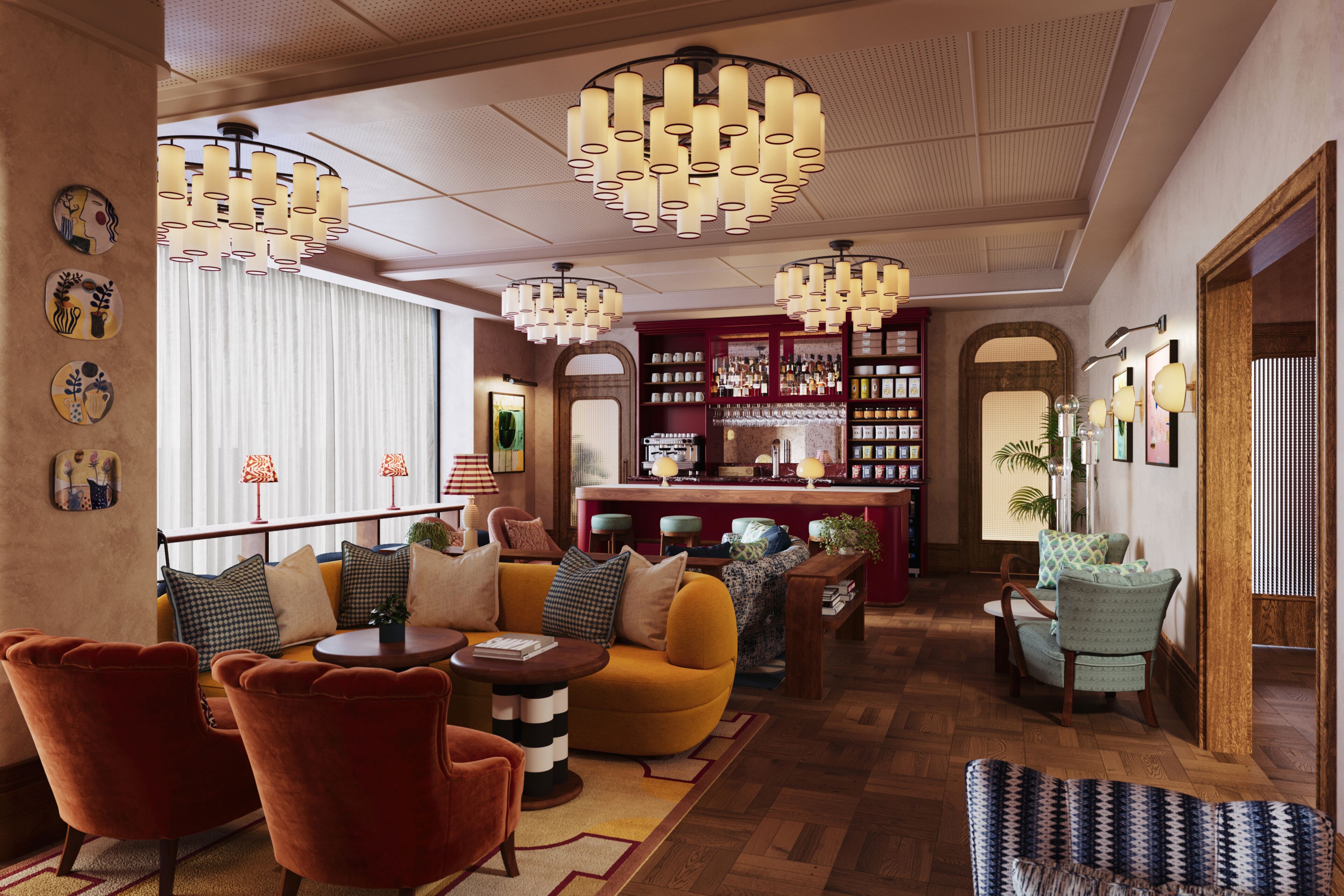 A hotel lobby with a bar area, seating arrangements, and decorative lighting.