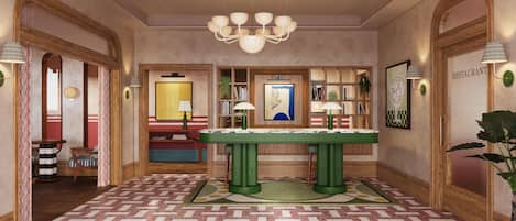 A room with a patterned floor, a green table, a chandelier, and a sign that reads 'RESTAURANT'.