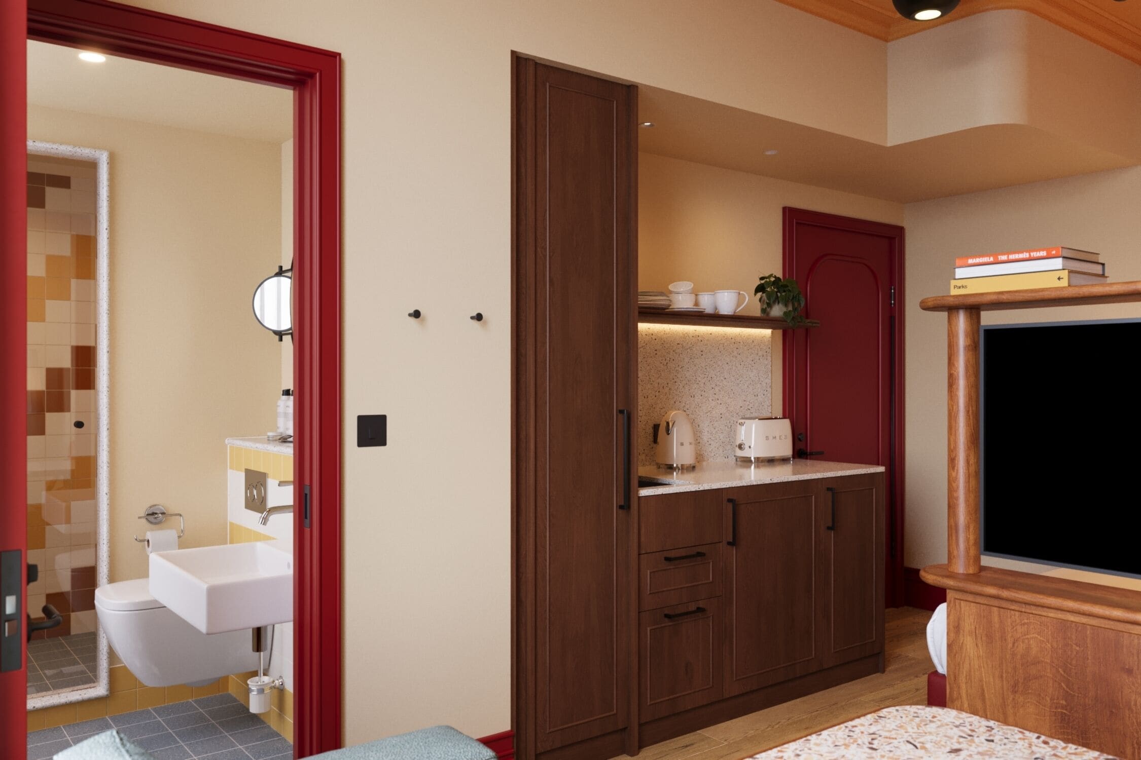 A modern bathroom with a toilet, sink, and shower.