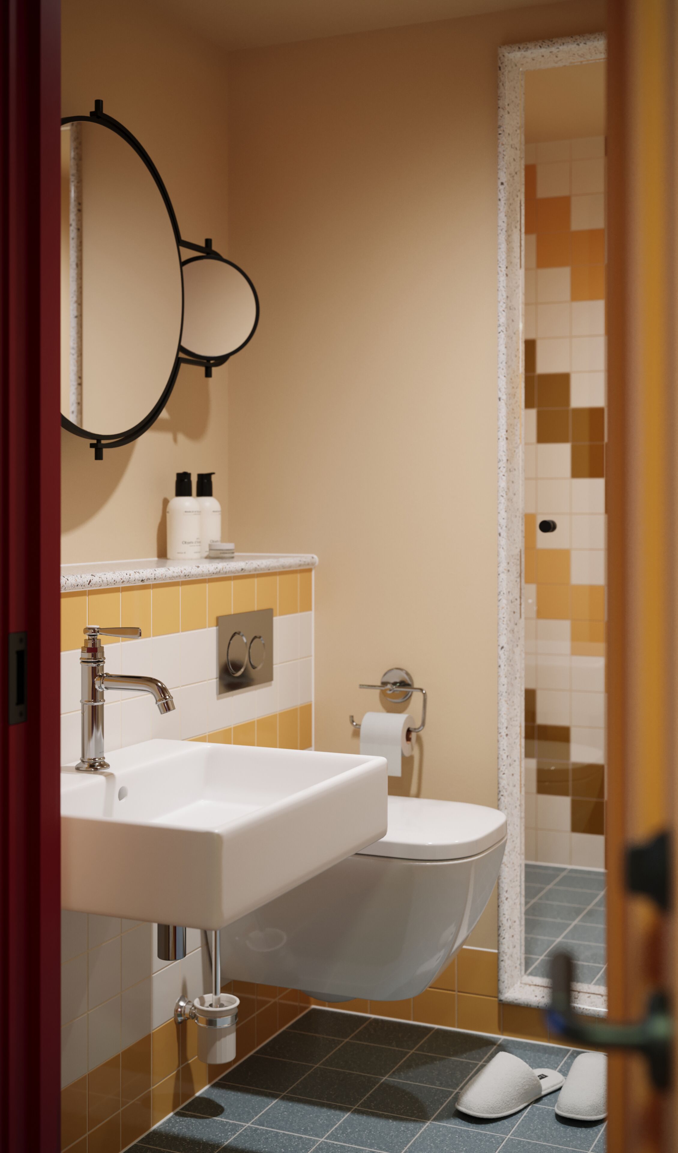 Un baño con lavamanos, espejo, inodoro y zona de ducha.