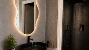 Un bagno moderno con uno specchio grande, un lavandino nero, una pianta in vaso e un angolo doccia.