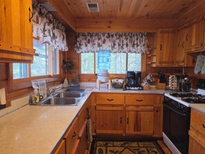 Una cucina in una baita di legno, con lavello, fornello e macchina da caffè.