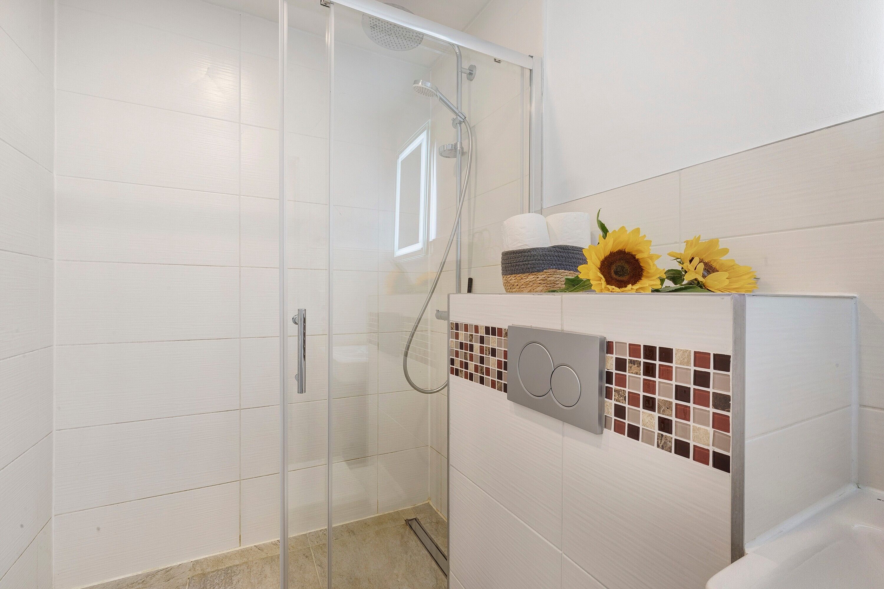 Eine Dusche mit Glastür, ein Handtuchhalter und eine wandhängende Toilette.