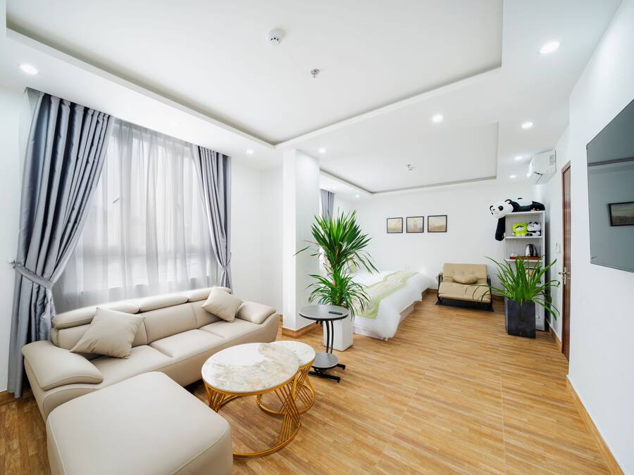 A modern living room with a sofa, a coffee table, a small side table, and a potted plant.