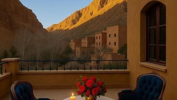 A balcony with two chairs, a table with a candle and flowers, and a view of mountains and buildings. - Riad Pizzeria Marhaba (Ait Sedrate Jbel El Soufla)