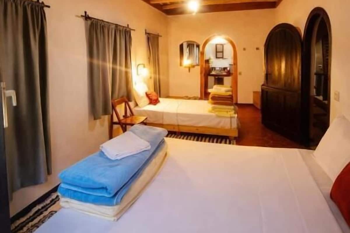 Un dormitorio con techo de madera, una cama con ropa de cama blanca y azul, una silla y un espejo.
