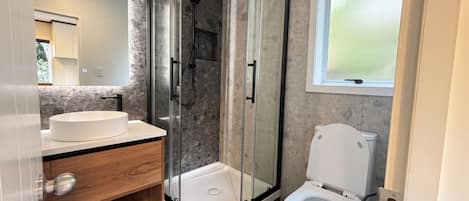 Shower, hair dryer, towels, soap