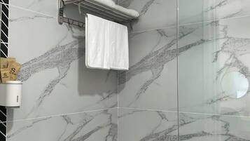 Shower, hair dryer, bidet, towels