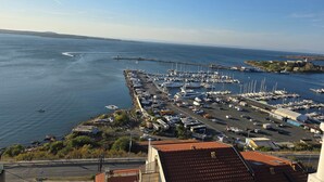 Un port de plaisance avec des bateaux amarrés, une jetée s’avançant dans l’eau et une route menant au port.