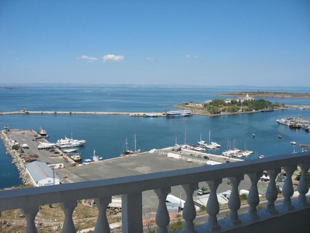 Un puerto deportivo con barcos amarrados, cielo despejado y una isla en la distancia.
