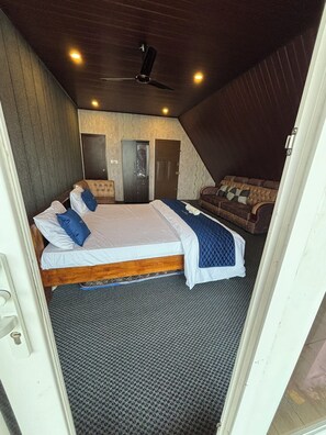 Une chambre à coucher avec un lit, un canapé, un ventilateur de plafond et une porte.