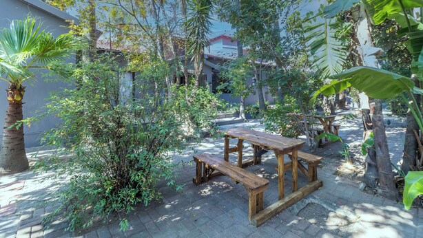 A courtyard with a wooden picnic table and benches, surrounded by lush greenery and trees. - Boutique Hotel-Style 8Bed Villa Ferndale (Randburg)
