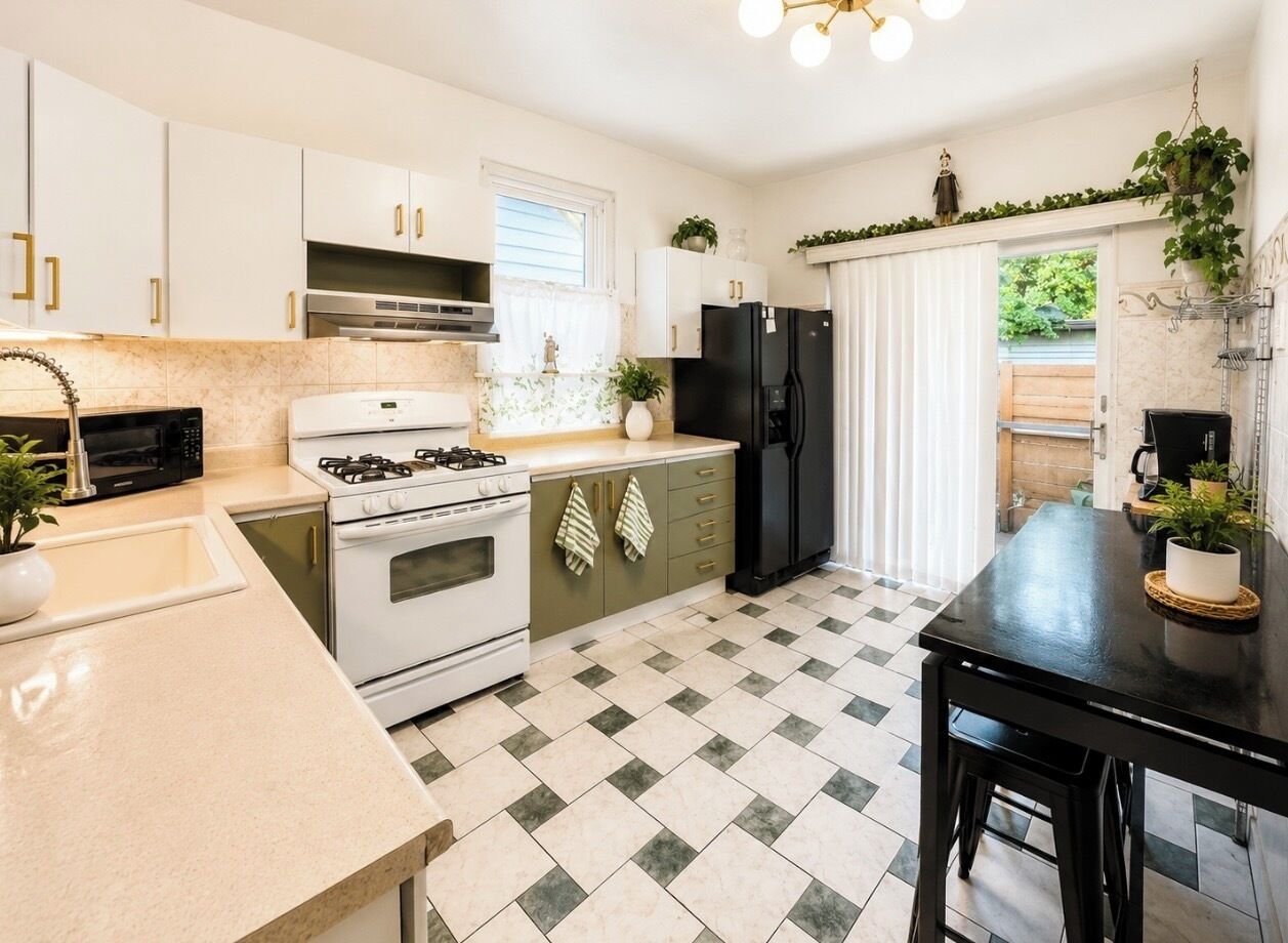 Une cuisine avec des meubles blancs, un réfrigérateur noir, une cuisinière et une table à manger avec des tabourets.