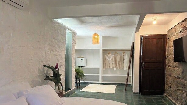 A hotel room with a bed, a wardrobe, a mirror, and a plant. - Azorai Hotel Boutique (Santa Cruz Cabrália)