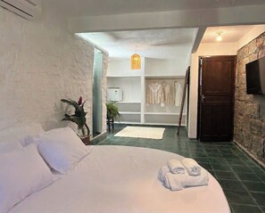 Una habitación de hotel con cama, armario, espejo y una planta.