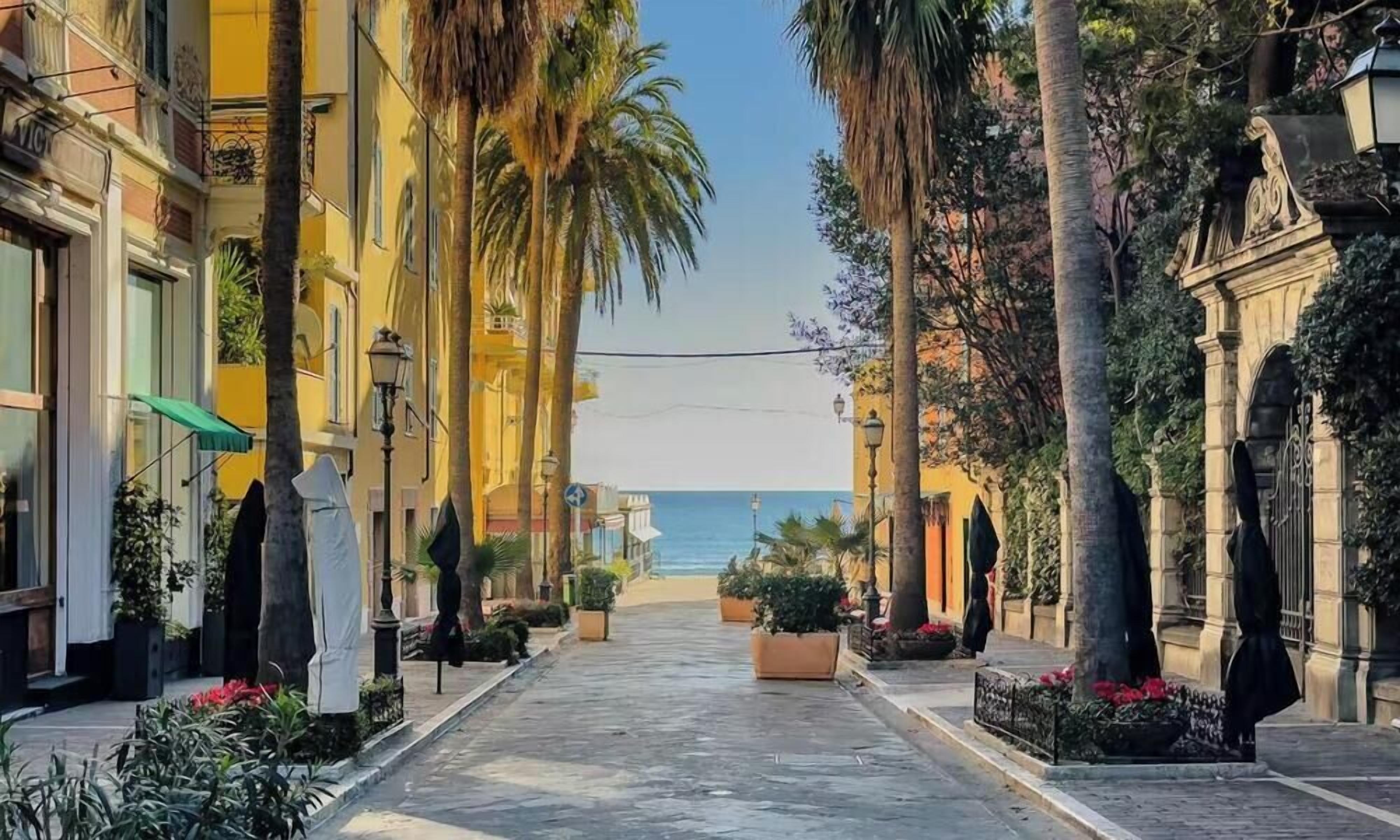 Une rue qui mène à une plage bordée de palmiers et flanquée de bâtiments de chaque côté.