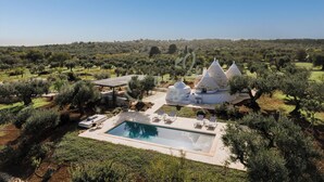 A villa with a swimming pool, olive trees, and a clear sky. - TD Trullo Lumina Boutique Luxury Trulli With Pool (Ostuni)