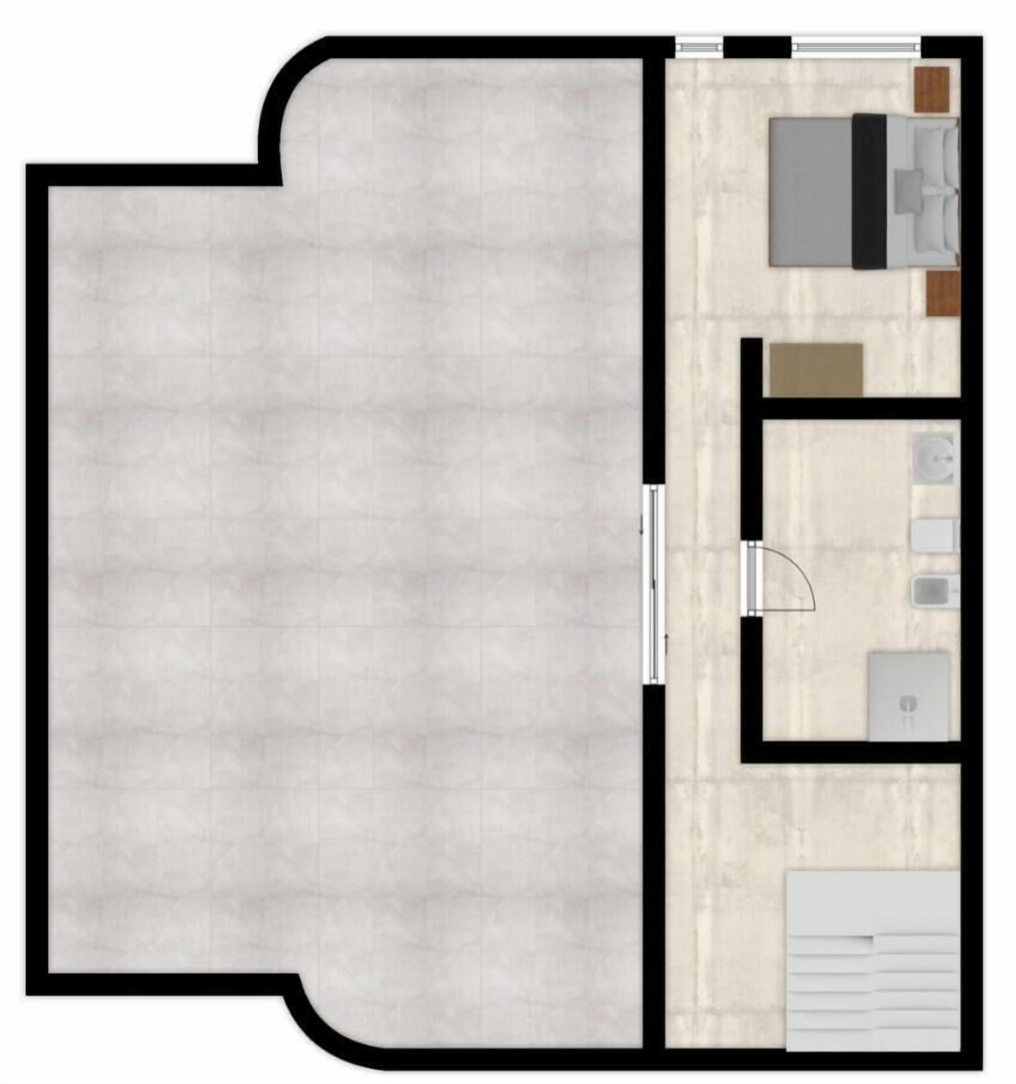 A floor plan of a hotel room with a large living area, a separate bedroom, a bathroom, and a kitchen area.