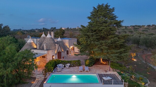 Una villa con piscina, techo de piedra y un gran árbol en el patio trasero.