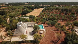 An aerial view of a property with a swimming pool, terraced garden, and traditional stone-roofed buildings. - TD Trulli Terralta Panoramic Pool Over Country.. (Monopoli)