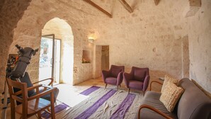 A rustic room with stone walls, a wooden ceiling, a purple sofa, two armchairs, and a camera on a tripod. - TD Trulli Terralta Panoramic Pool Over Country.. (Monopoli)