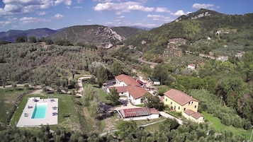 Zona residencial con casas, piscina y abundante vegetación.