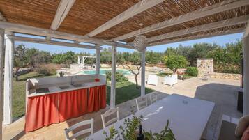 Un patio al aire libre con mesa, sillas, zona de barbacoa y vistas a una piscina y jardín.