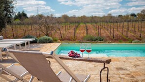 A poolside area with lounge chairs, a table, and two glasses of red wine with grapes. - TD Trulli Perla Bianca Trulli w/ Pool & Vineyards (Martina Franca)