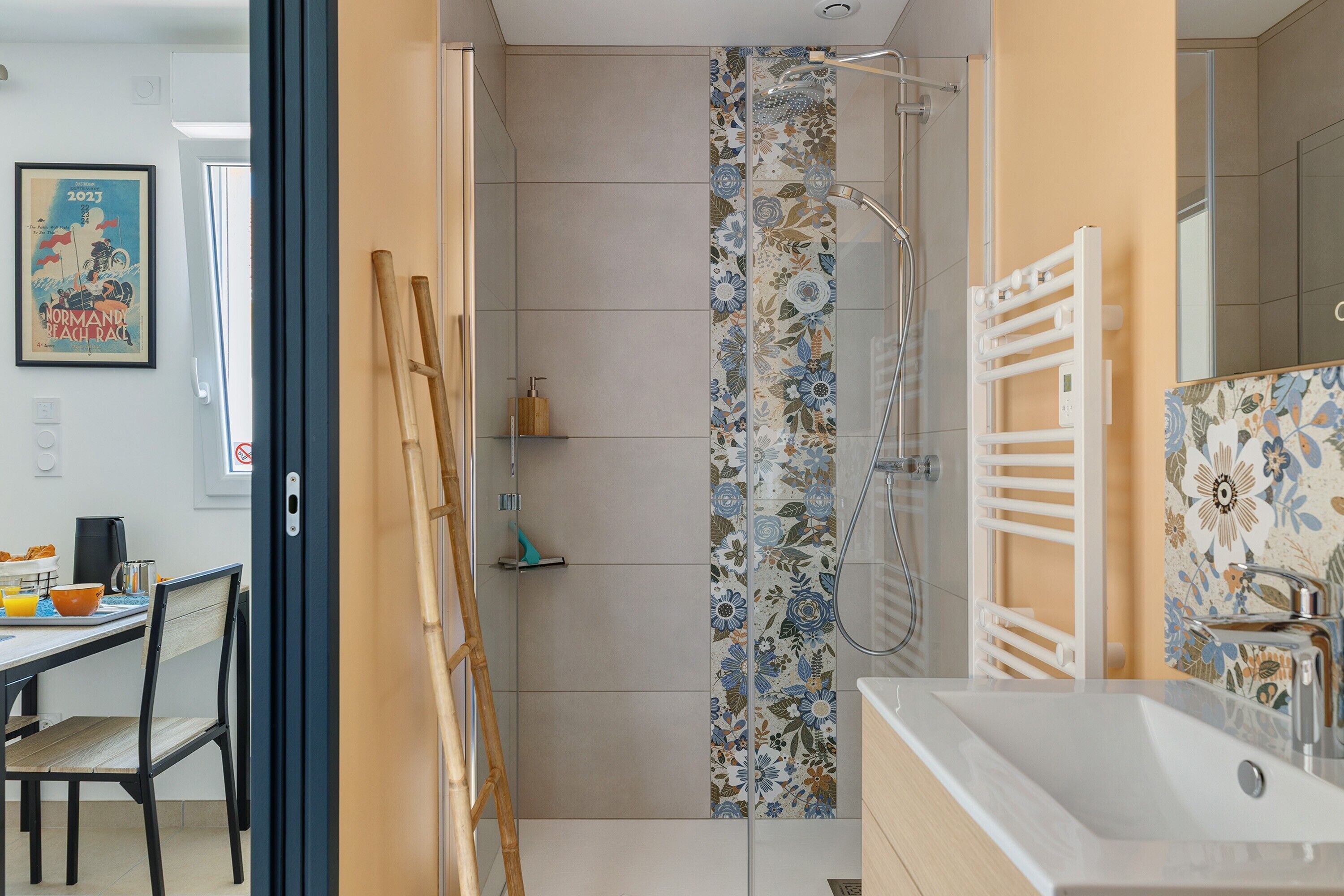 Shower, hair dryer, towels