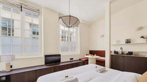 A hotel room with a bed, a TV, a desk, a window, and a kitchenette. - A stunning retreat renovated by an architect - Marais (Paris)