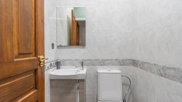 A bathroom with a wooden door, a sink, a mirror, and a toilet.