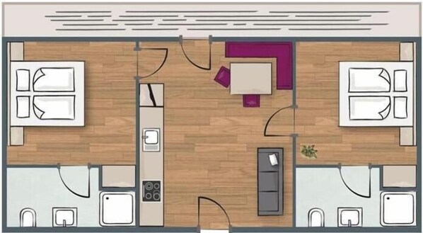 Een plattegrond van een hotel met twee slaapkamers, een badkamer, een keuken en een eethoek.