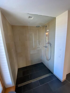 Shower, hair dryer, towels - Sonnenchalet: Luxury chalet with terrace, wood-burning stove & WLAN in Bodman-Ludwigshafen (Bodman-Ludwigshafen)