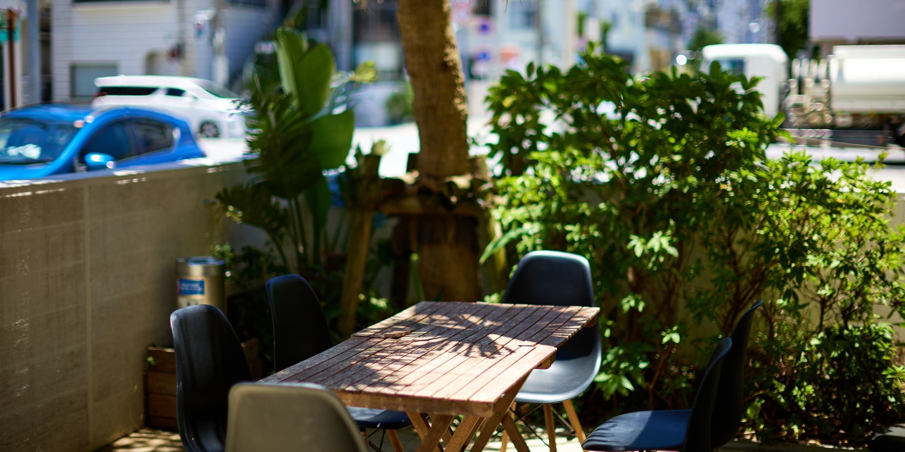 An outdoor seating area with a wooden table and chairs, surrounded by greenery and a tree.