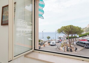 A view from a window overlooking a street with parked cars, a pedestrian crossing, and a body of water in the distance. - Masticiello House (Nerano)