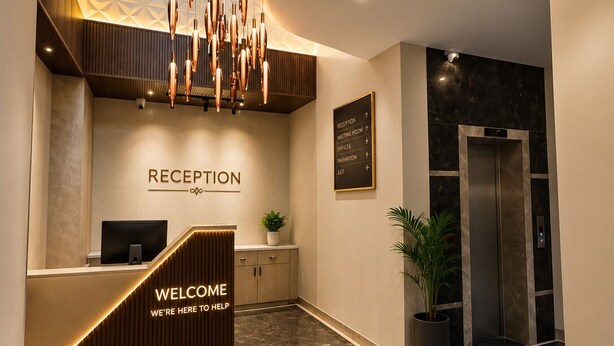 A reception area with a modern design, including a reception desk, a wall-mounted sign, and an elevator. - Studio 24 (Jaipur)