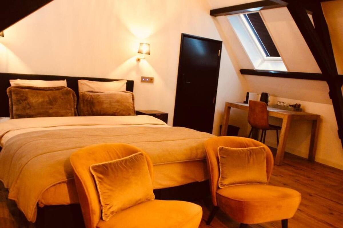 Un dormitorio con una cama, dos sillas, un escritorio y un tragaluz.