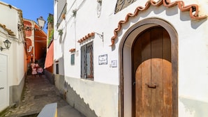 Una calle estrecha con un sendero adoquinado, una puerta de madera y un edificio blanco con tejado de baldosas.