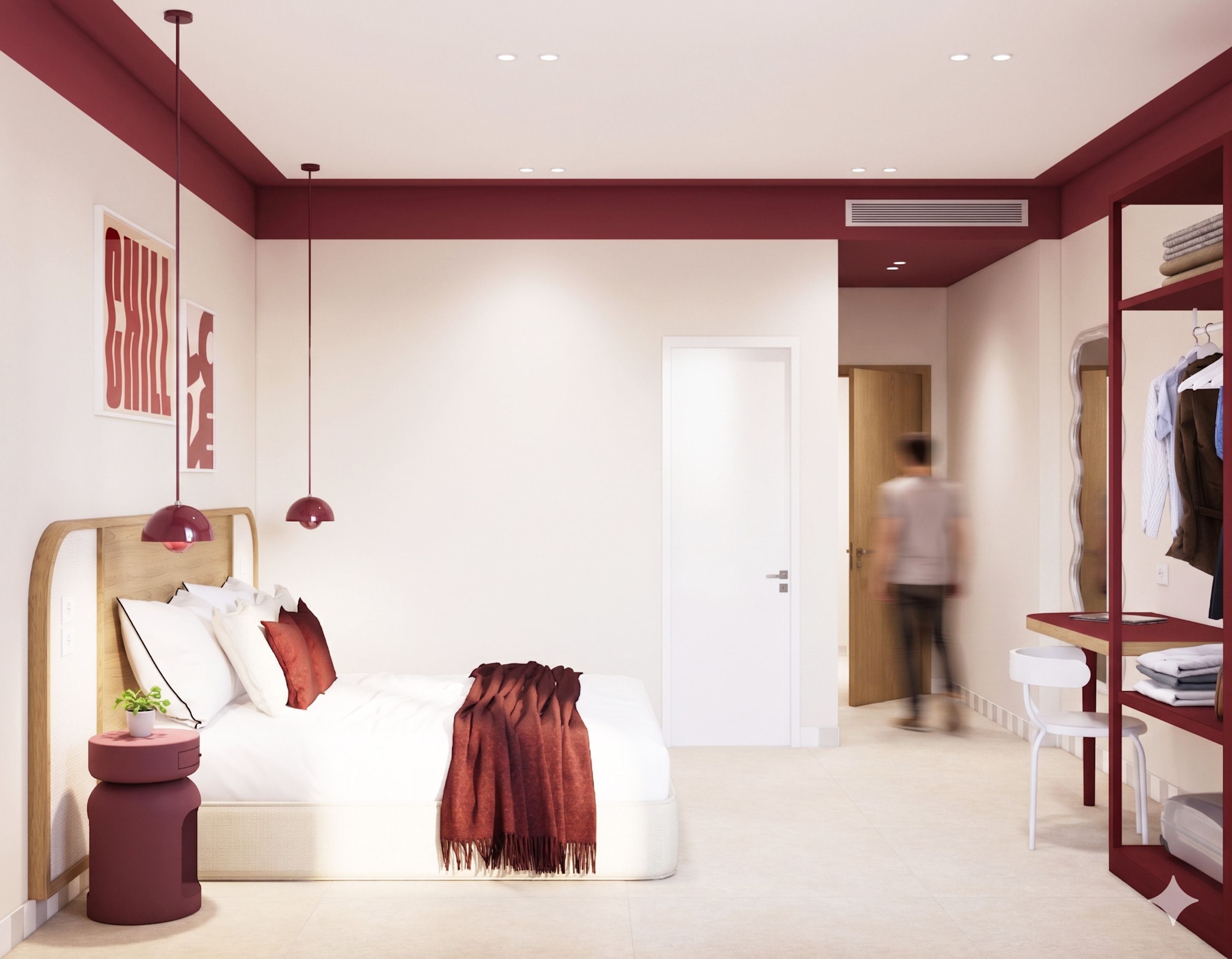 A modern bedroom with a bed, bedside table, and a wardrobe.