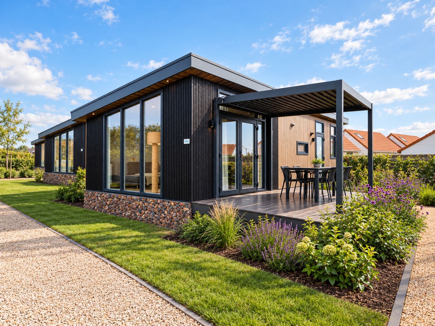 A modern house with a patio, large windows, and a stone foundation.