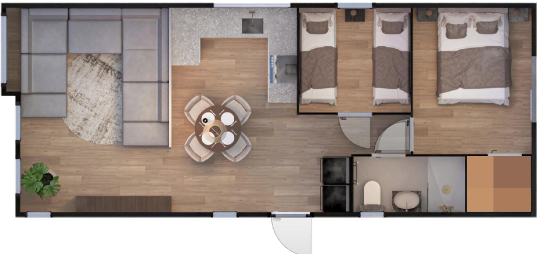 A hotel room layout with a sofa, two beds, a dining table, and a small kitchen area.