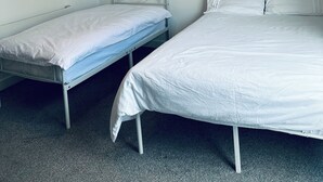 Une chambre avec deux lits, un luminaire au plafond et deux tableaux encadrés accrochés au mur.