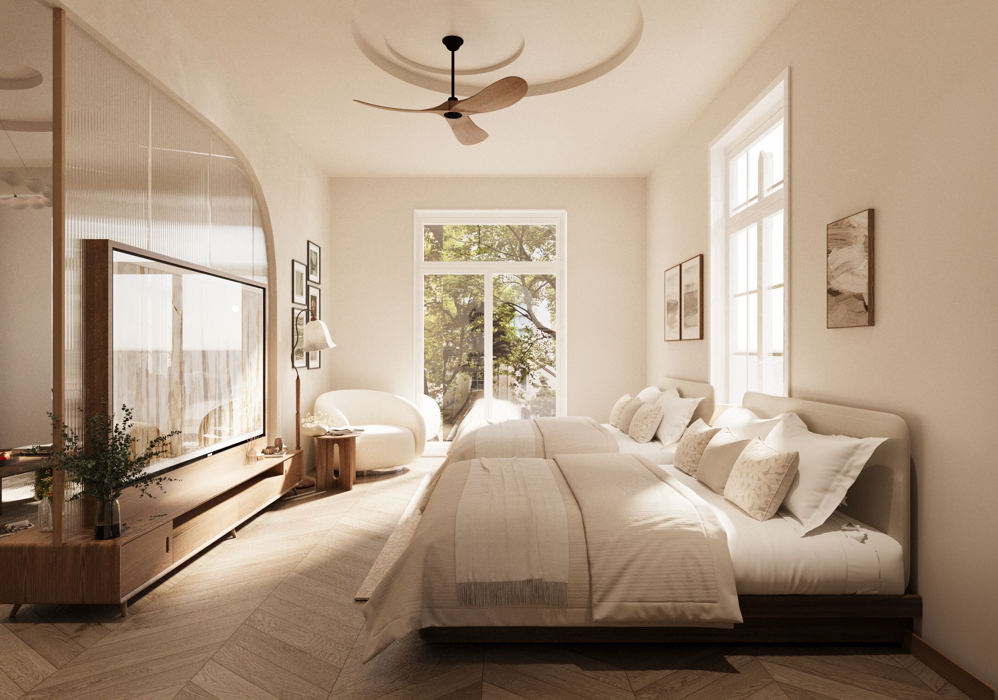 A bedroom with a bed, a ceiling fan, a window, and a bedside table.