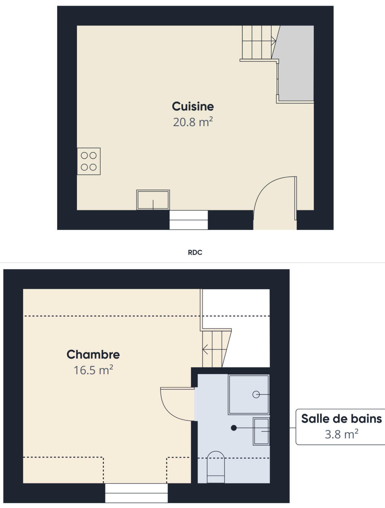 Un plan d’étage comprenant une cuisine (20,8 m²), une chambre (16,5 m²) et une salle de bain (3,8 m²).