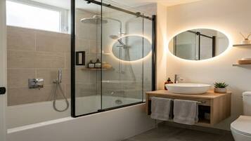 Shower, hair dryer, bidet, towels