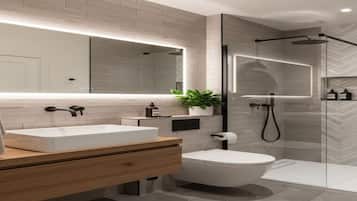 Shower, hair dryer, bidet, towels