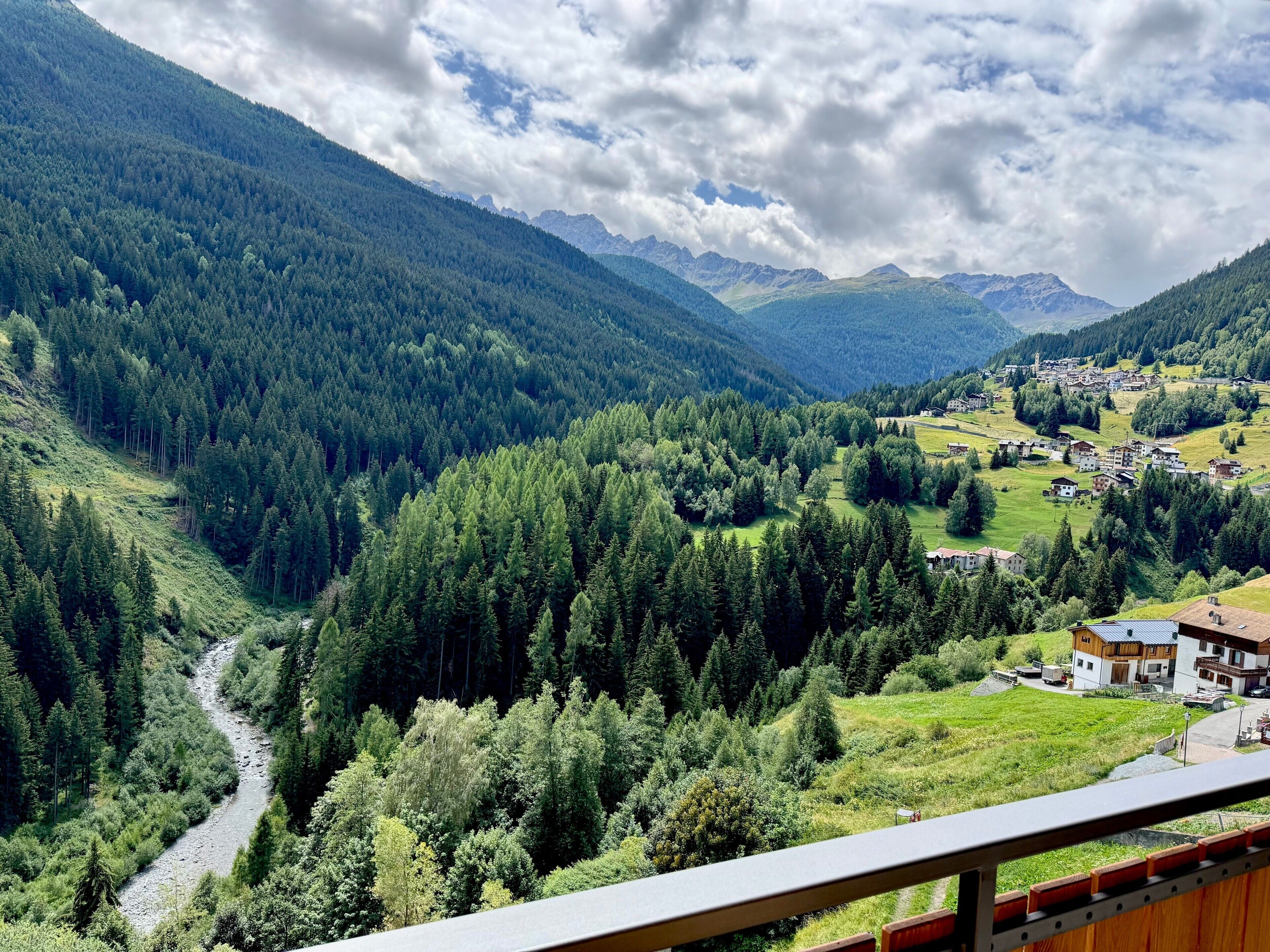 A mountainous landscape with a river, dense forest, and a village with buildings.