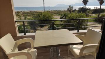Varanda com mesa e cadeiras, vista para uma praia e palmeiras.