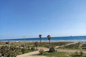 A coastal landscape with palm trees, a beach, and a distant ship.