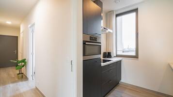 A modern kitchen with a built-in oven, microwave, and coffee maker, a window with a city view, and a potted plant.